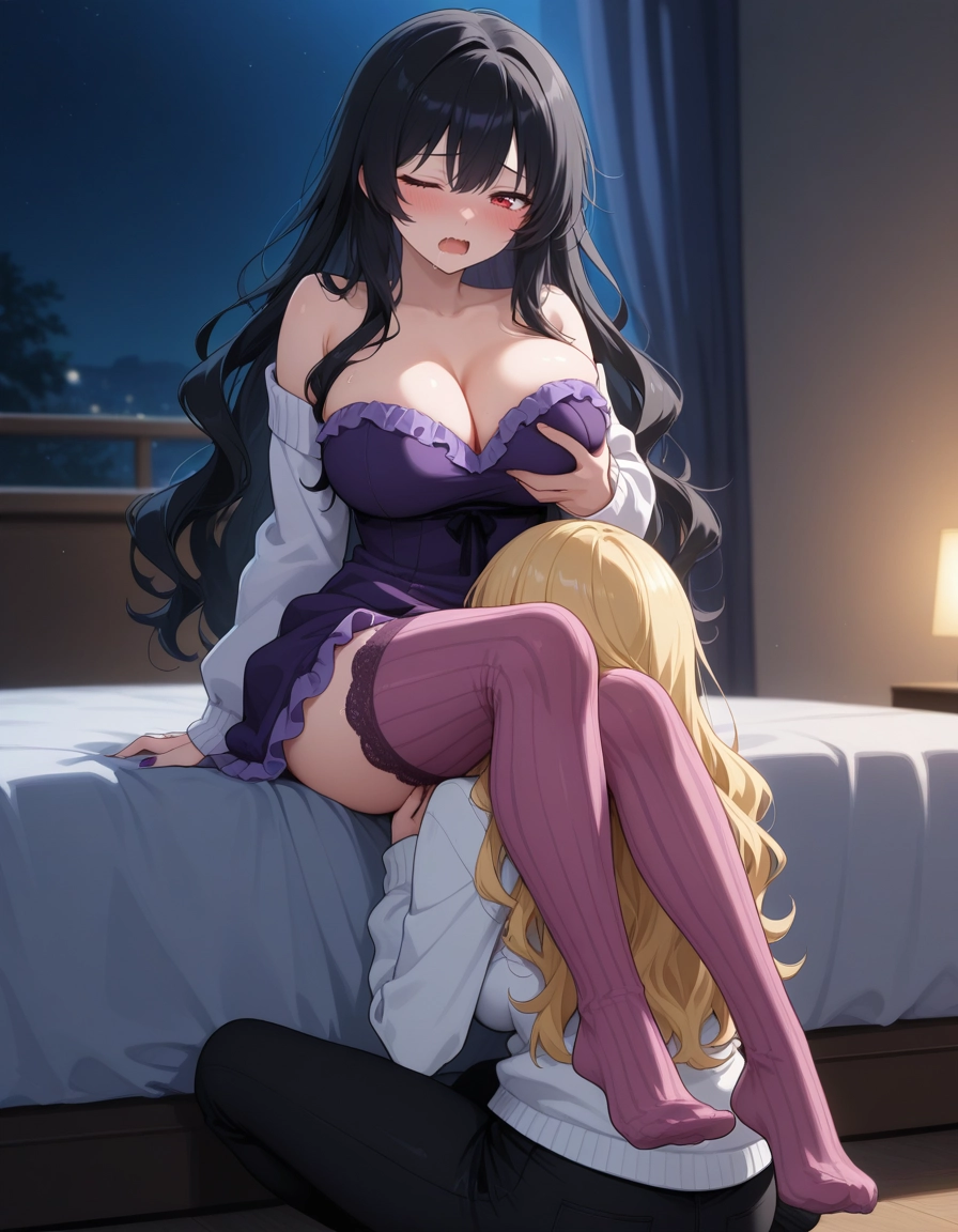 breasts, thighhighs, long hair, black hair, red eyes, large breasts
