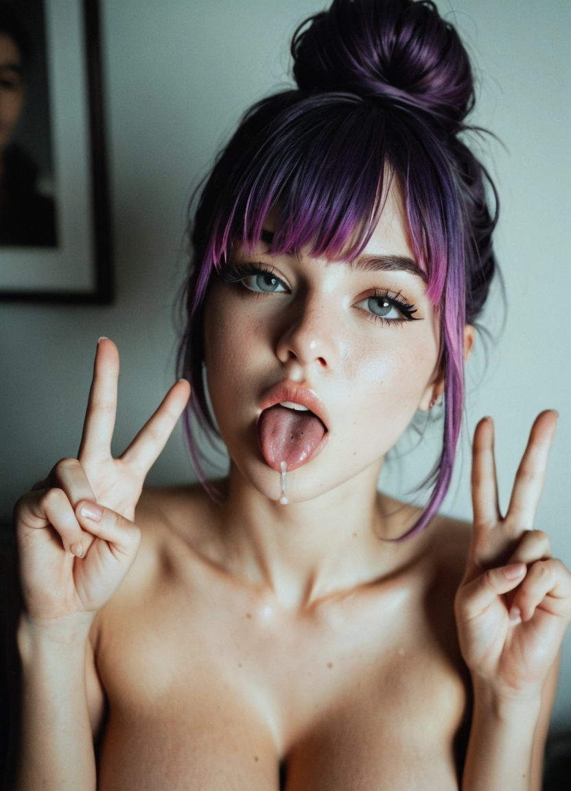 1girl, solo, v, double v, breasts, tongue · Yamete.gg