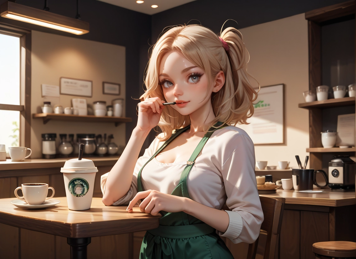 1girl, solo, indoors, breasts, blonde hair, cup