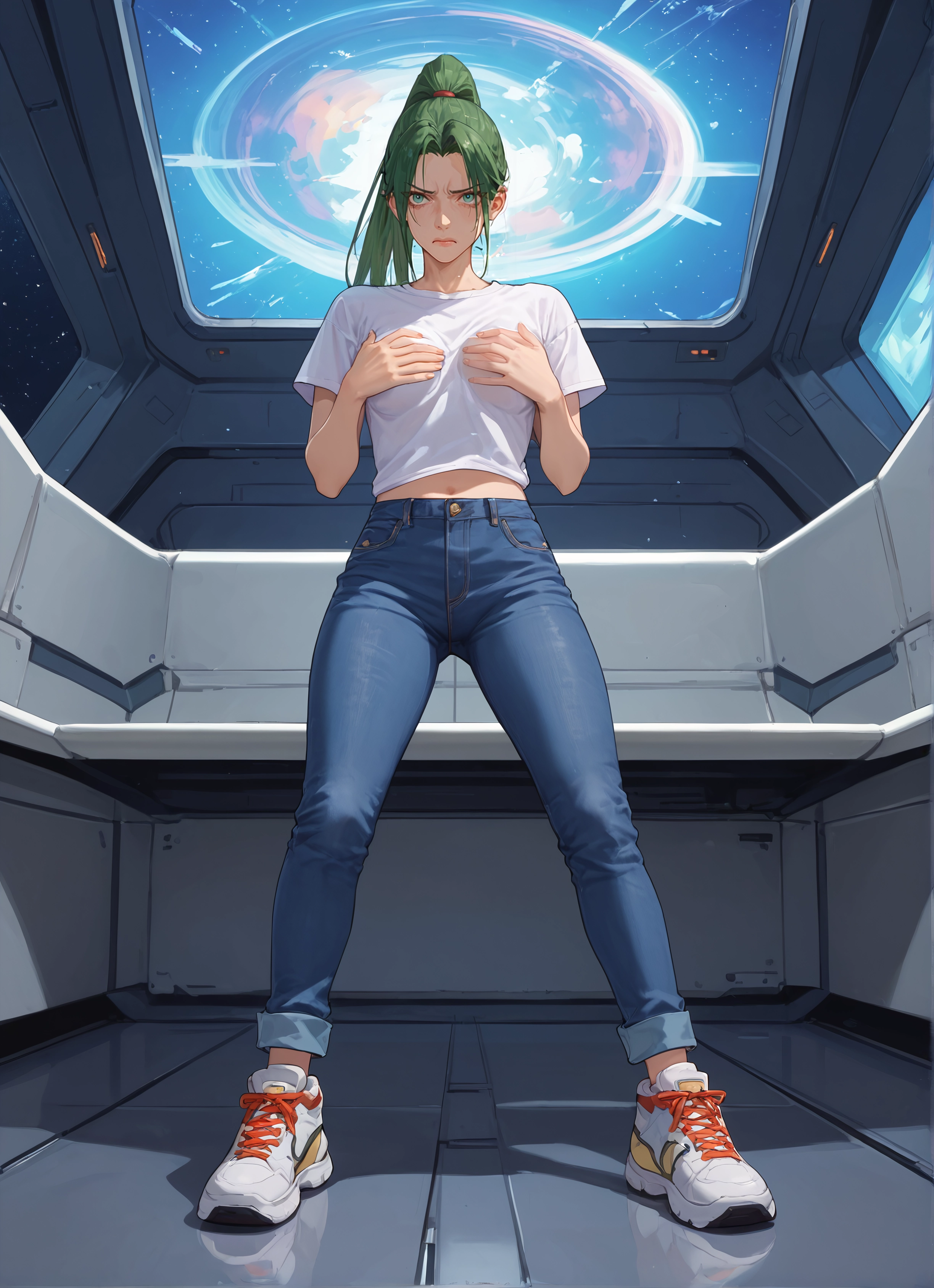 1girl, pants, green hair, shirt, shoes, solo · Yamete.gg