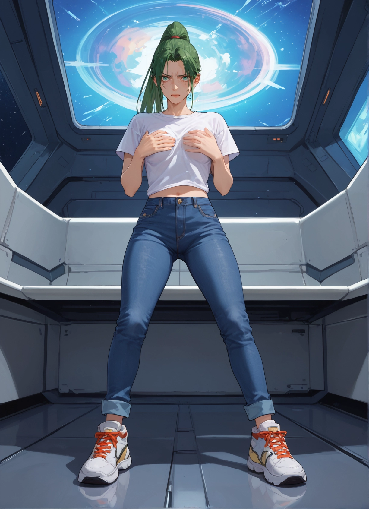 1girl, pants, green hair, shirt, shoes, solo