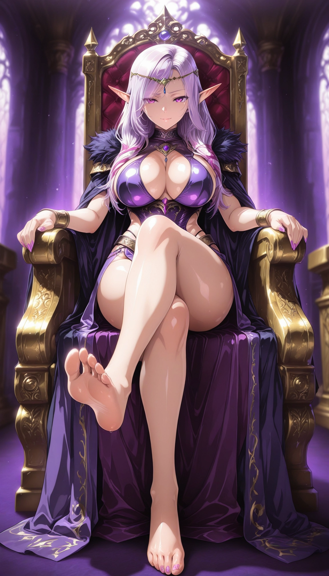 1girl, breasts, barefoot, pointy ears, feet, throne · Yamete.gg