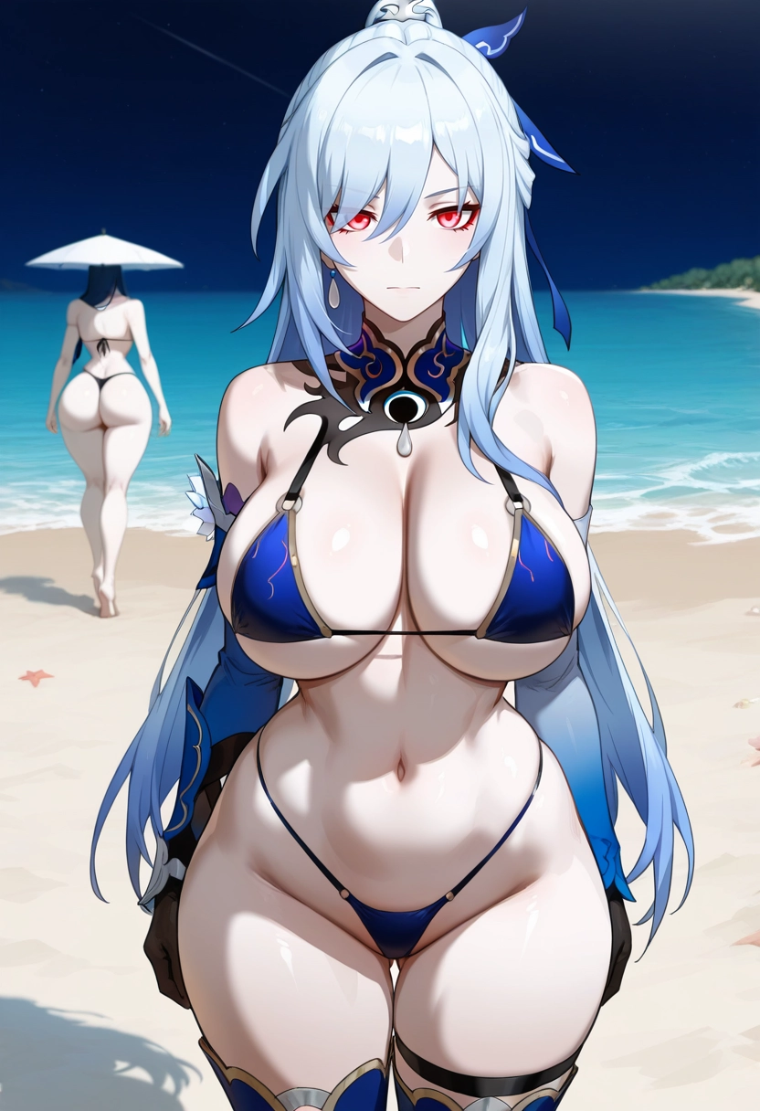 breasts, swimsuit, bikini, gloves, navel, long hair