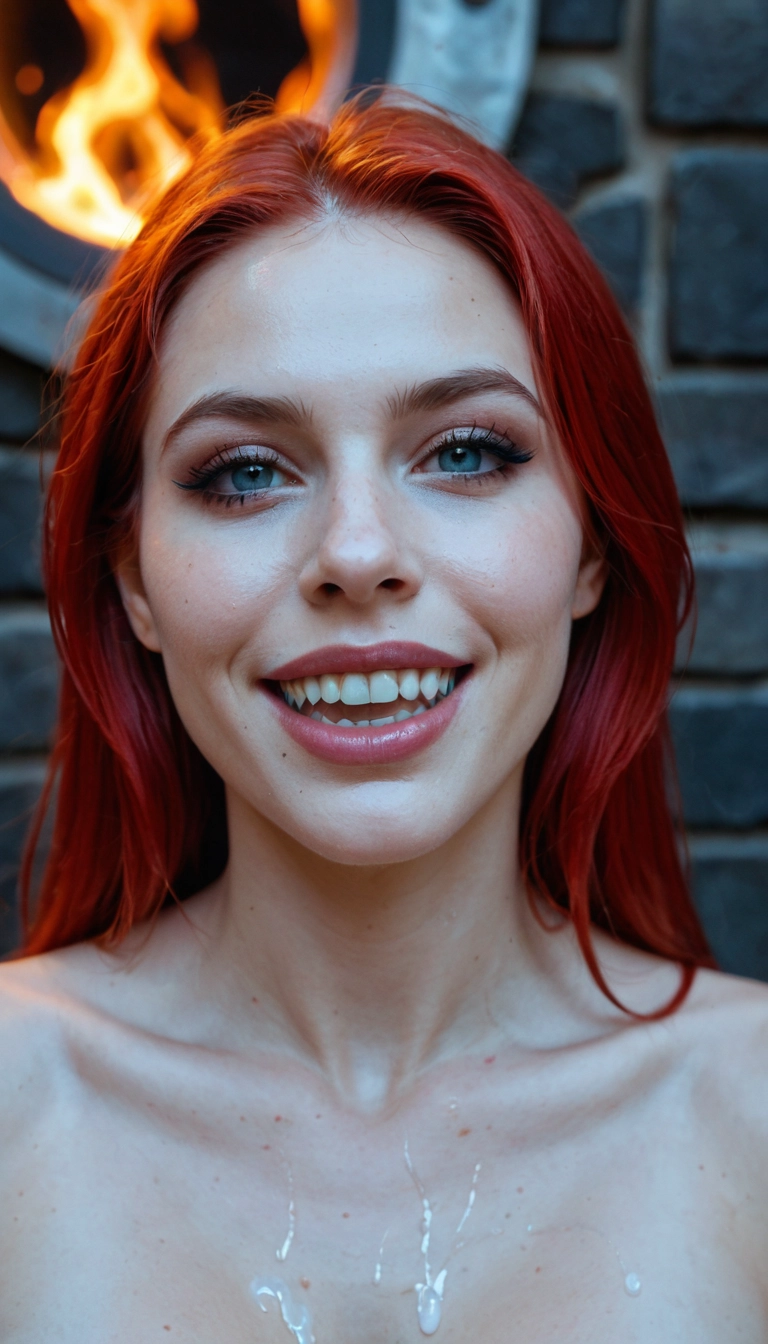 1girl, solo, teeth, red hair, smile, fire