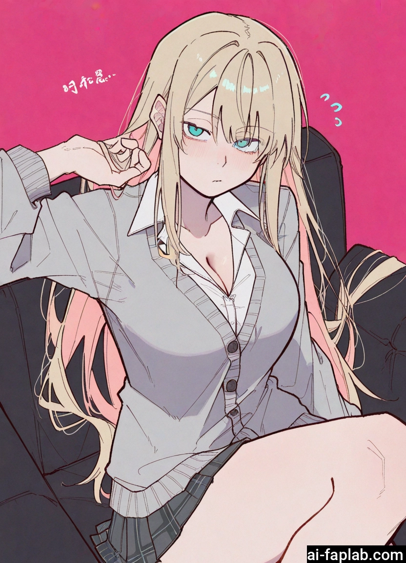 1girl, breasts, long hair, skirt, cleavage, blonde hair