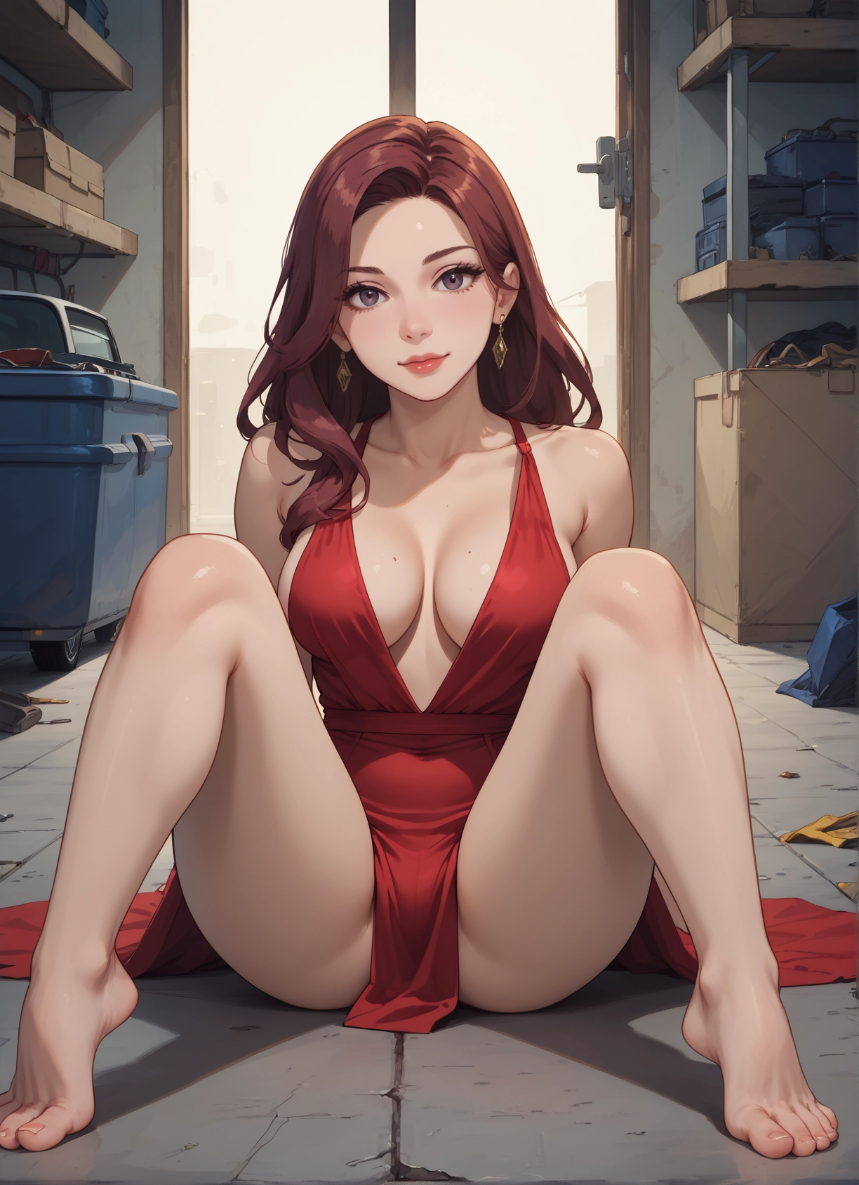 1girl, breasts, dress, jewelry, barefoot, earrings · Yamete.gg