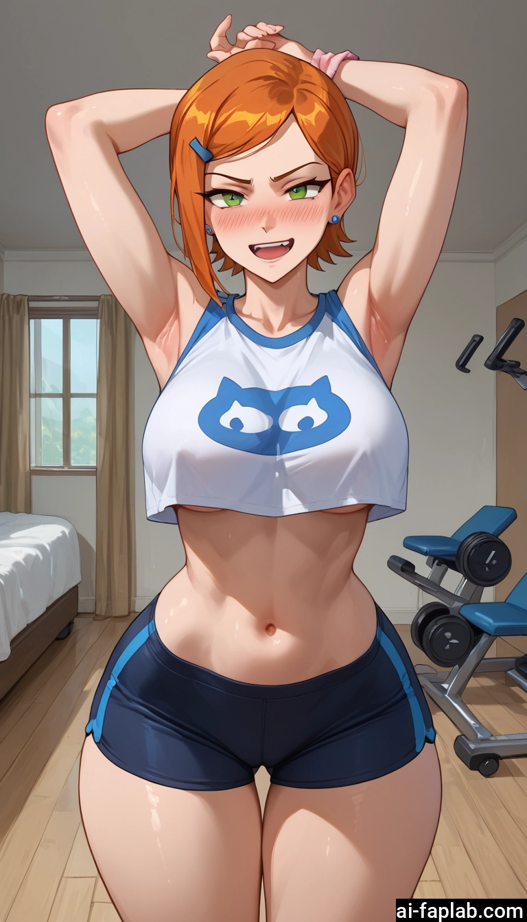 1girl, breasts, armpits, navel, green eyes, open mouth · Yamete.gg