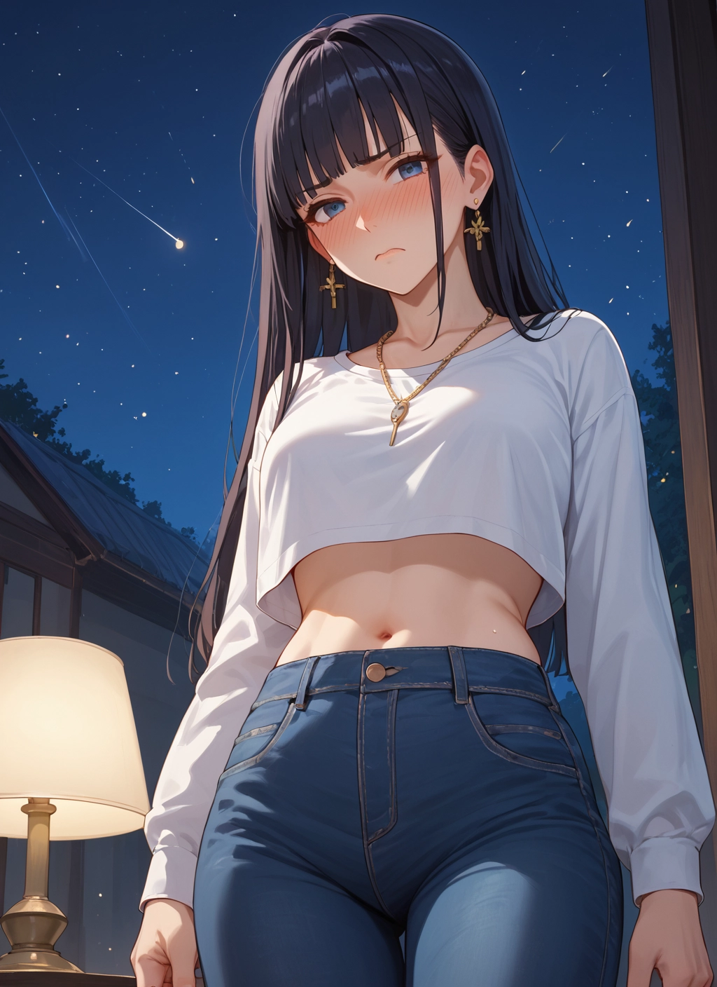 1girl, long hair, solo, navel, jewelry, blush