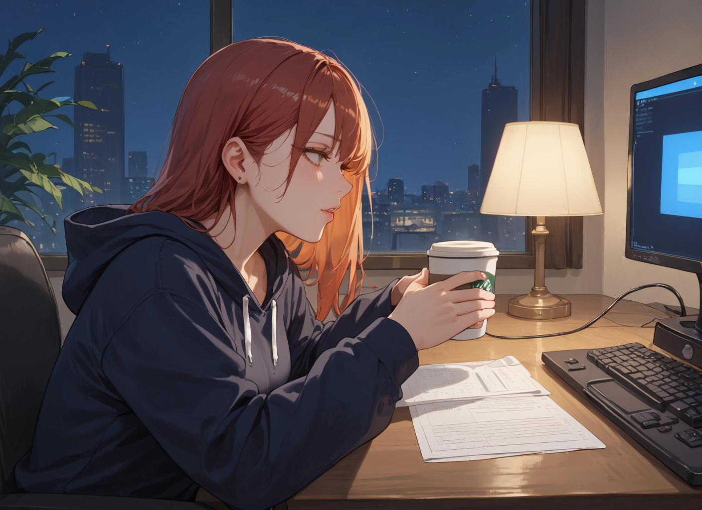 1girl, solo, hood, cup, hoodie, keyboard (computer) · Yamete.gg