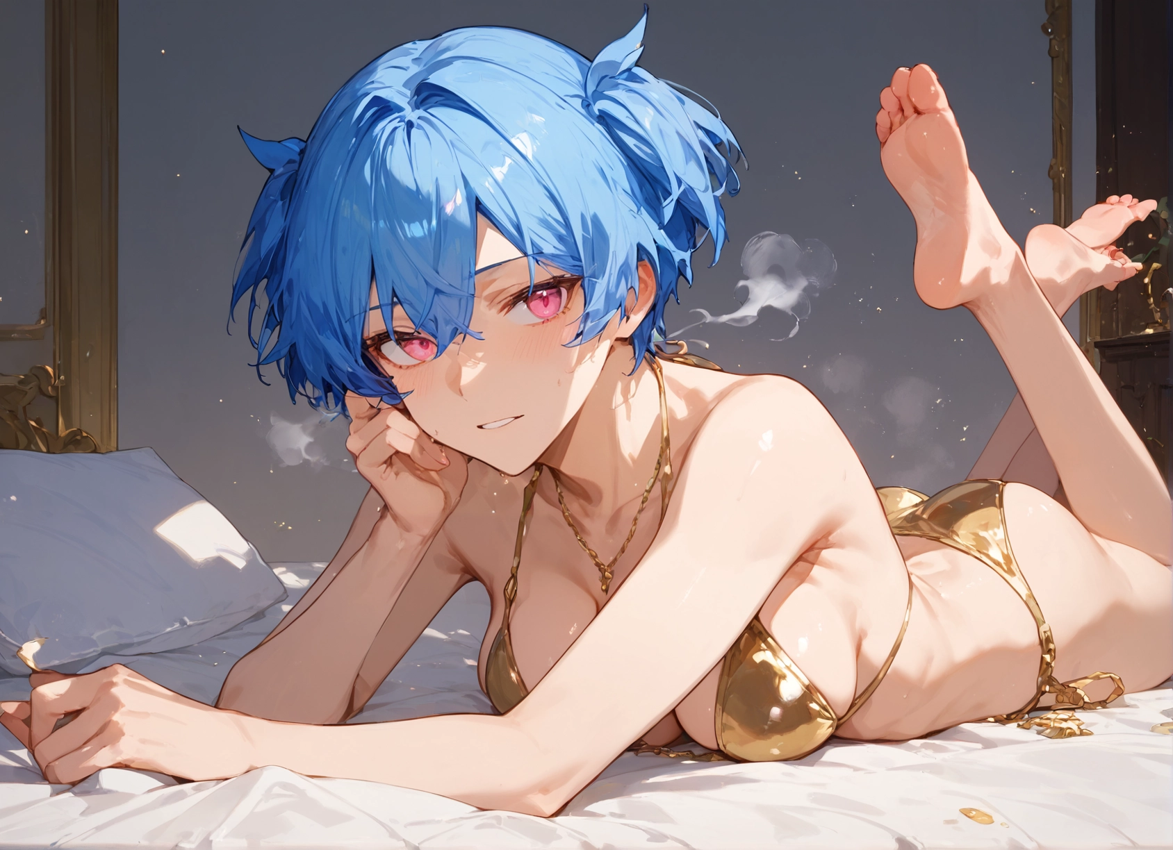 1girl, breasts, swimsuit, bikini, barefoot, lying · Yamete.gg