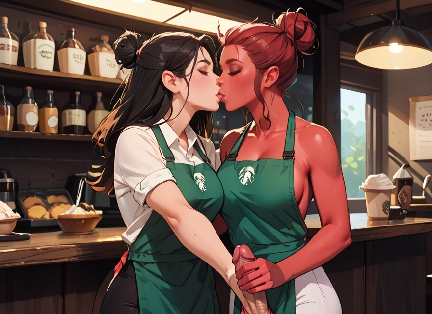 futanari, multiple girls, 2girls, penis, apron, kiss · Yamete.gg