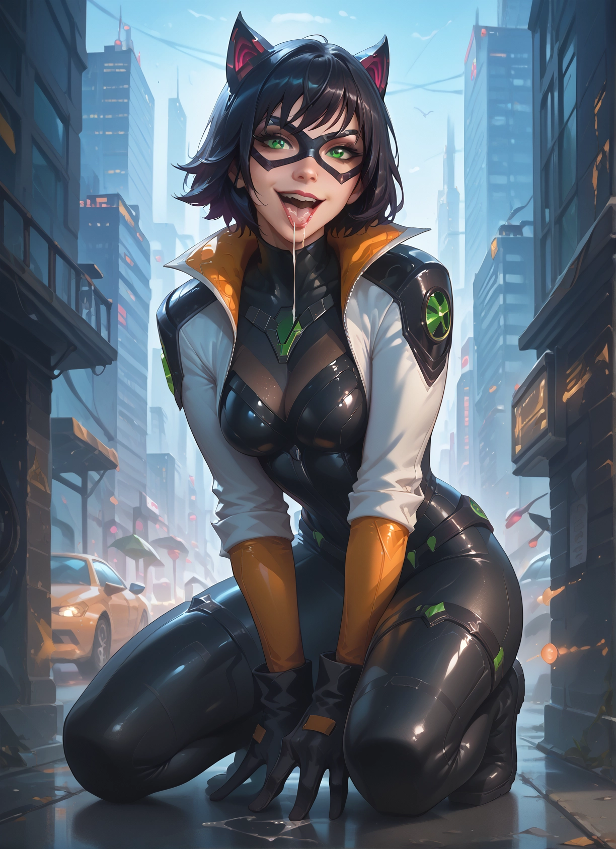 1girl, green eyes, animal ears, bodysuit, breasts, short hair · Yamete.gg