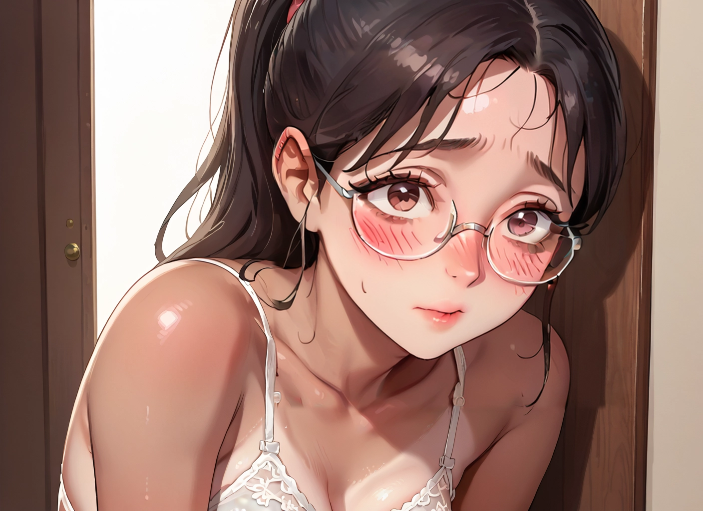 1girl, solo, glasses, blush, underwear, bra · Yamete.gg