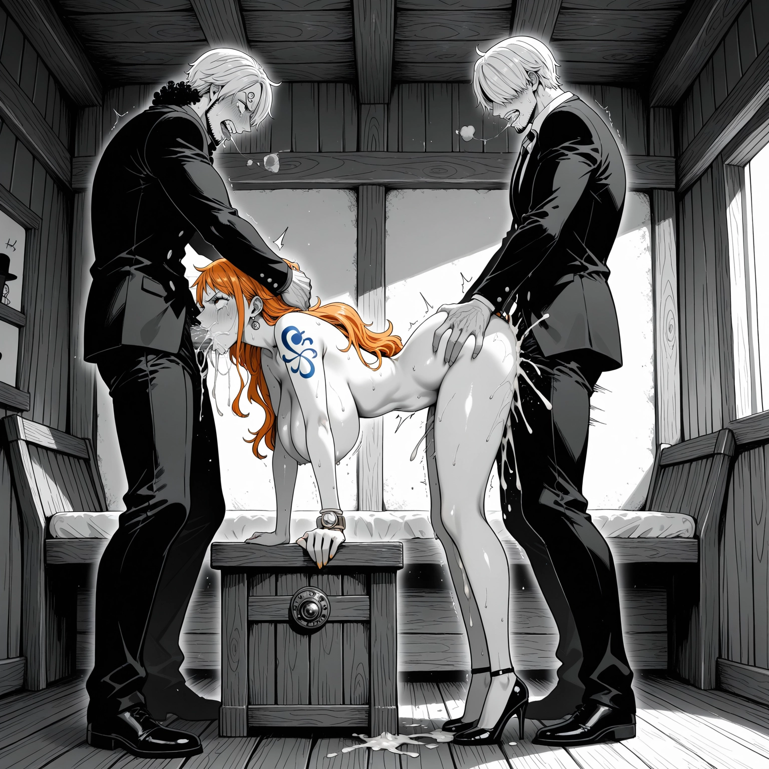 nami (one piece), 1girl, multiple boys, mmf threesome, 2boys, threesome · Yamete.gg