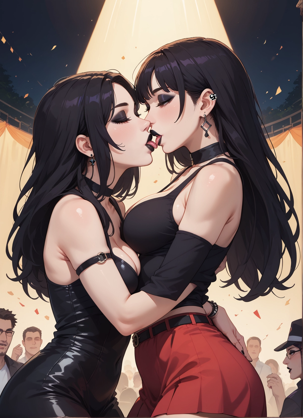 breasts, skirt, multiple girls, black hair, 2girls, jewelry · Yamete.gg