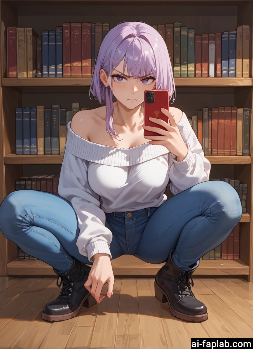 1girl, phone, pants, squatting, breasts, solo · Yamete.gg
