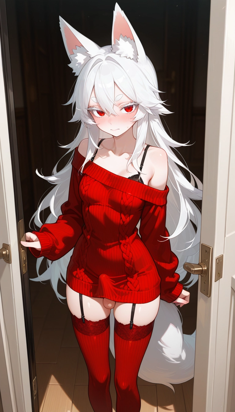 futanari, solo, 1girl, thighhighs, red thighhighs, red eyes · Yamete.gg