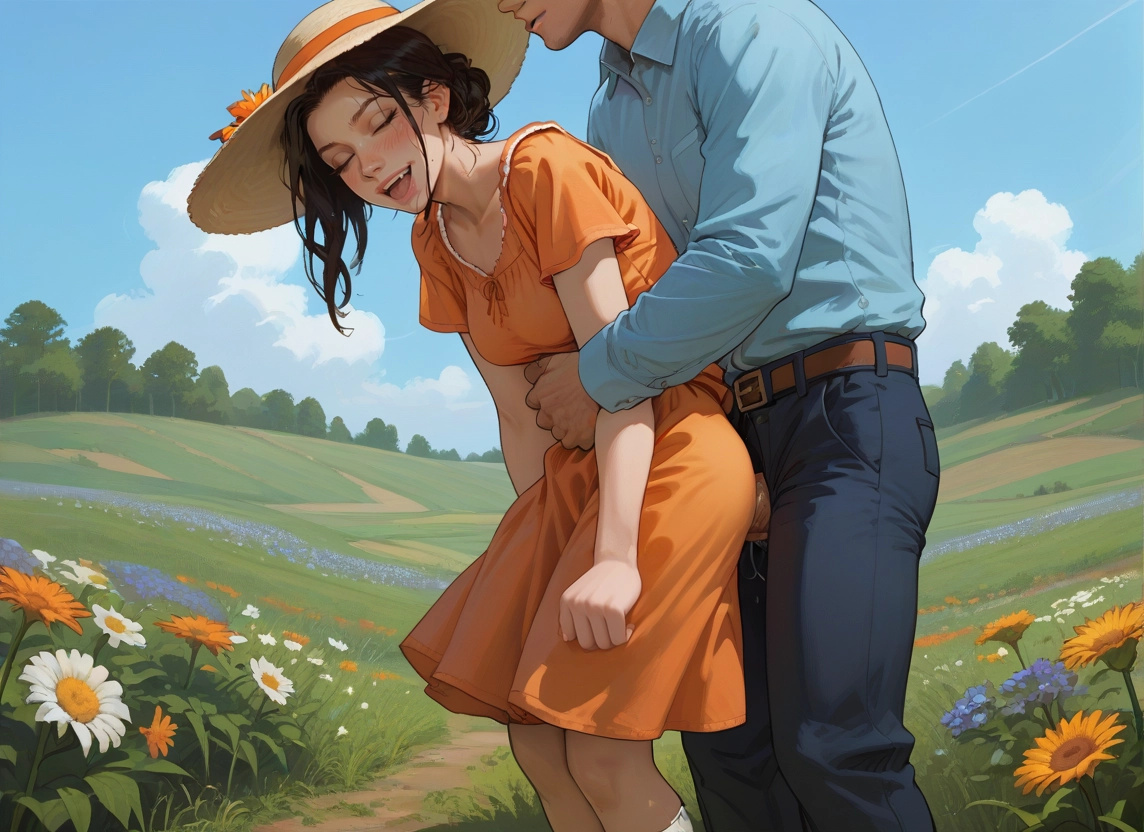 1girl, flower, hat, 1boy, outdoors, dress · Yamete.gg