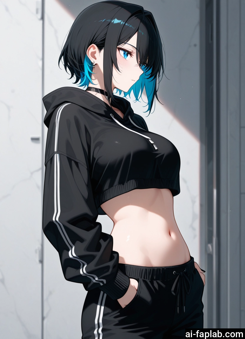 1girl, solo, navel, black hair, multicolored hair, breasts · Yamete.gg