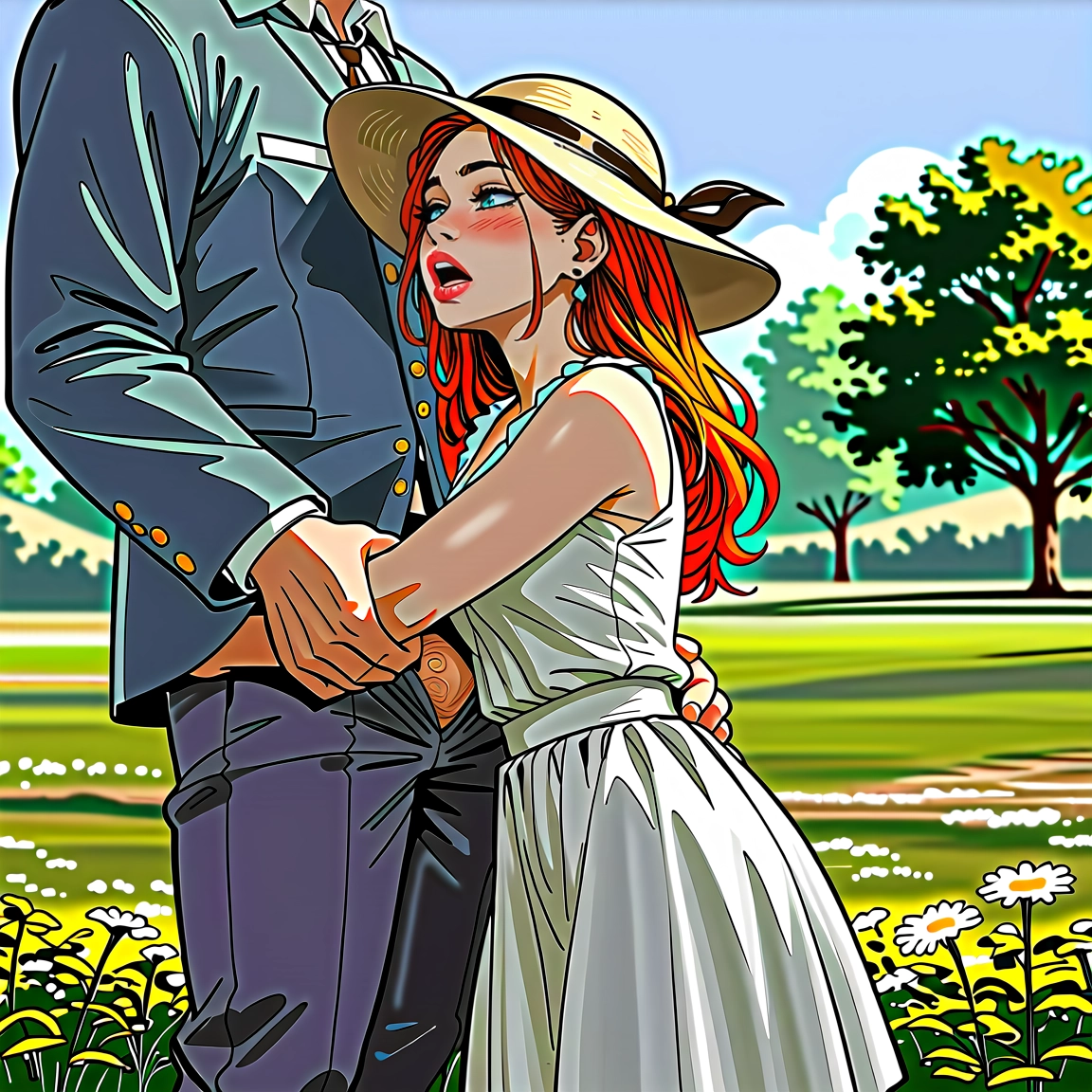 1girl, 1boy, dress, hat, jewelry, earrings · Yamete.gg