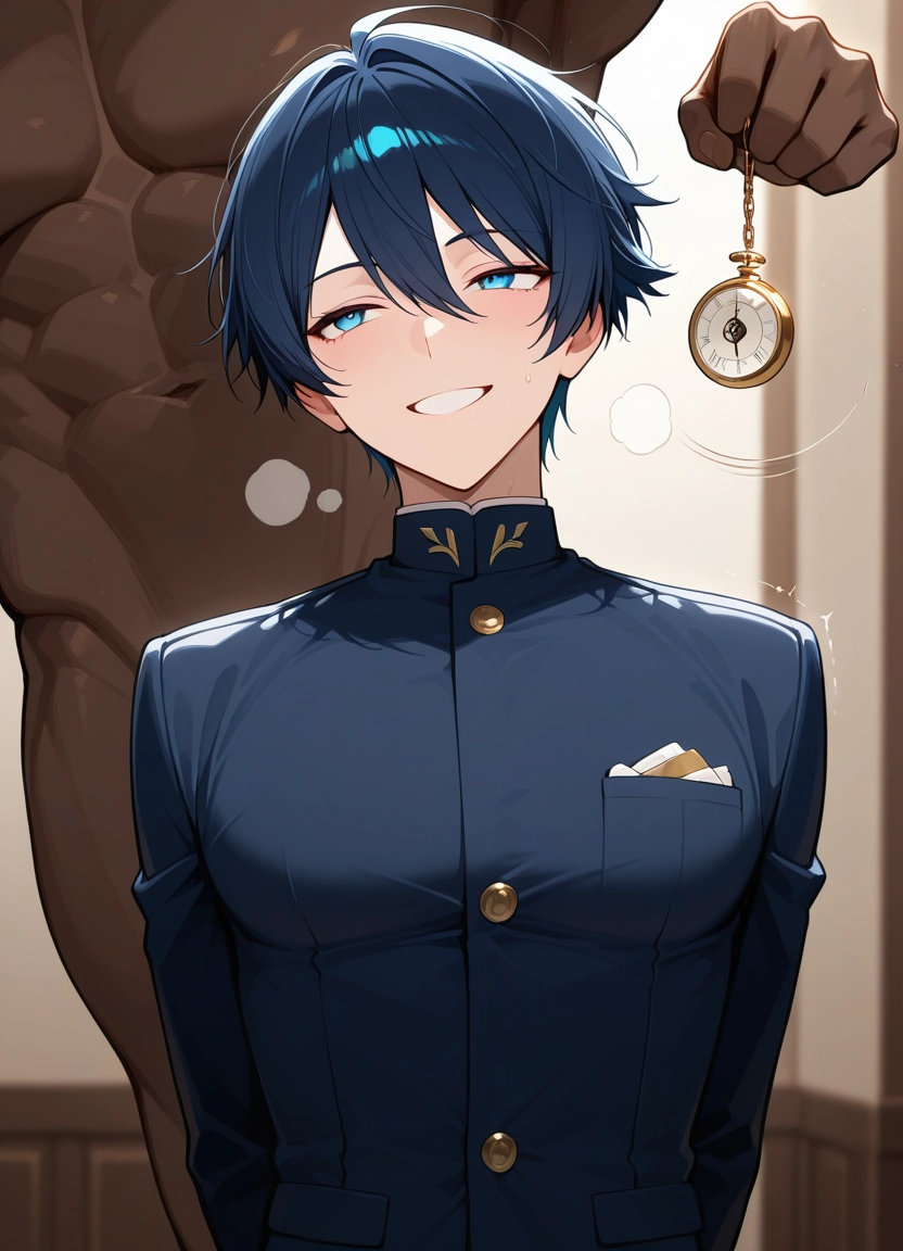 blue eyes, smile, school uniform, short hair, blue hair, dark skin · Yamete.gg