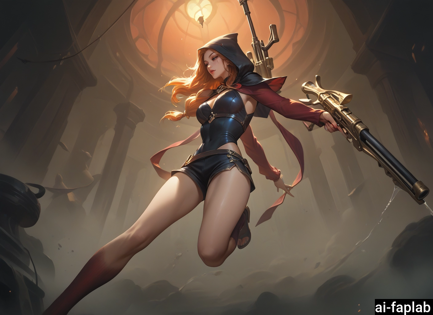 1girl, weapon, gun, breasts, long hair, solo