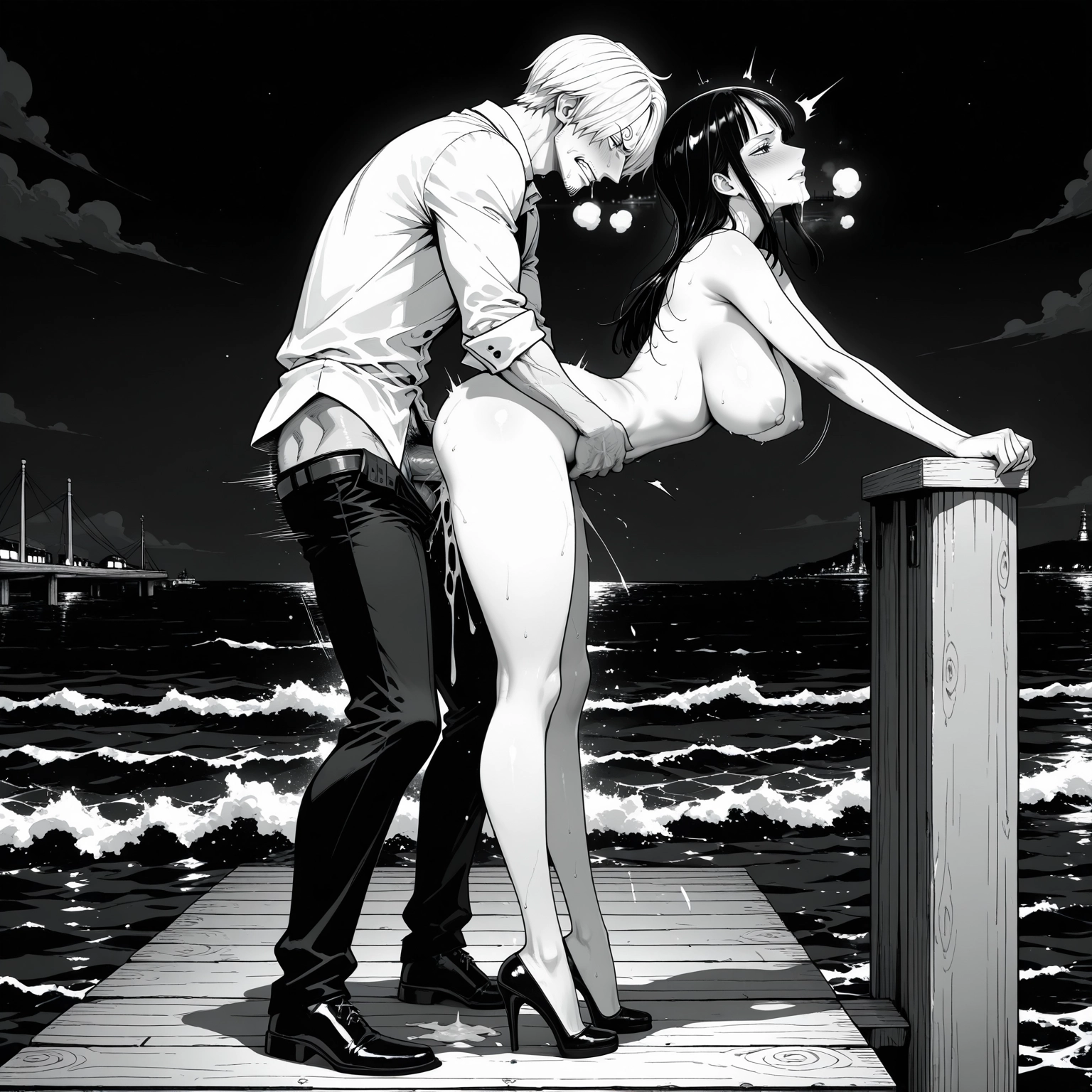 1girl, 1boy, clothed male nude female, breasts, greyscale, monochrome · Yamete.gg