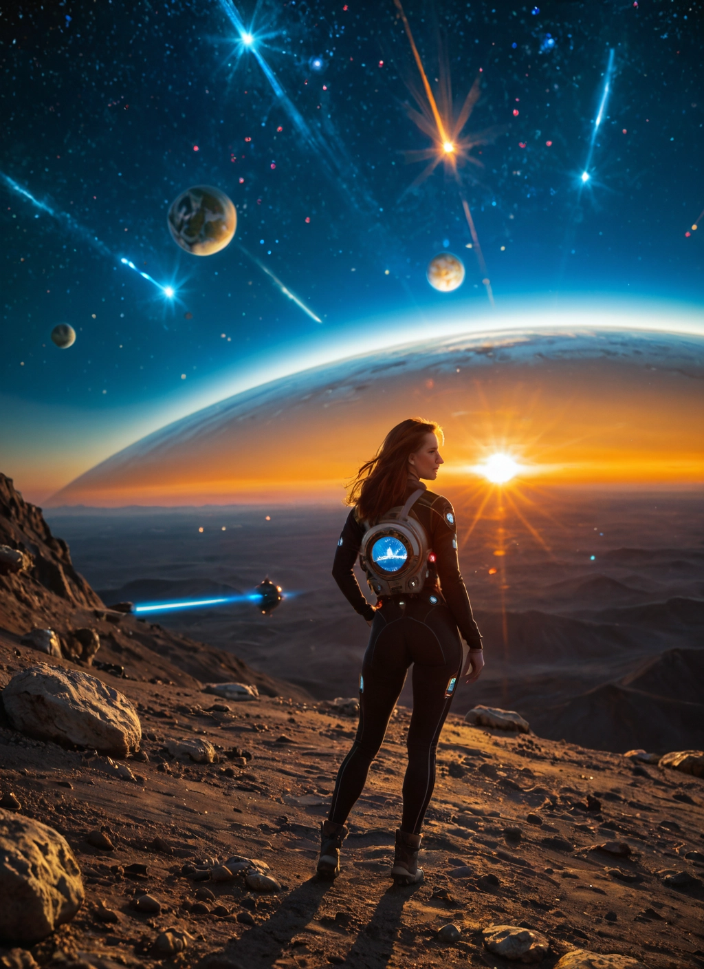 1girl, solo, long hair, bodysuit, planet, space