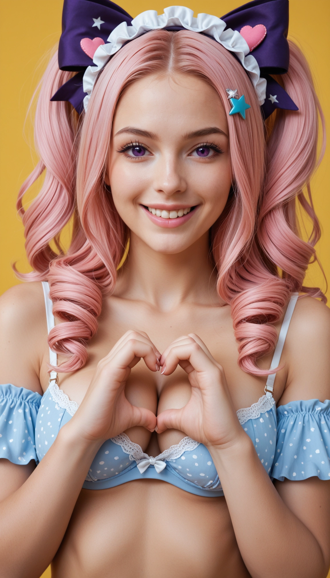 1girl, solo, breasts, underwear, pink hair, heart · Yamete.gg