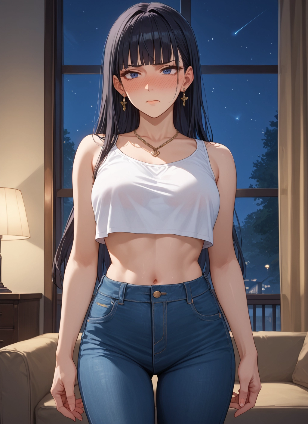 1girl, long hair, navel, jewelry, earrings, pants · Yamete.gg