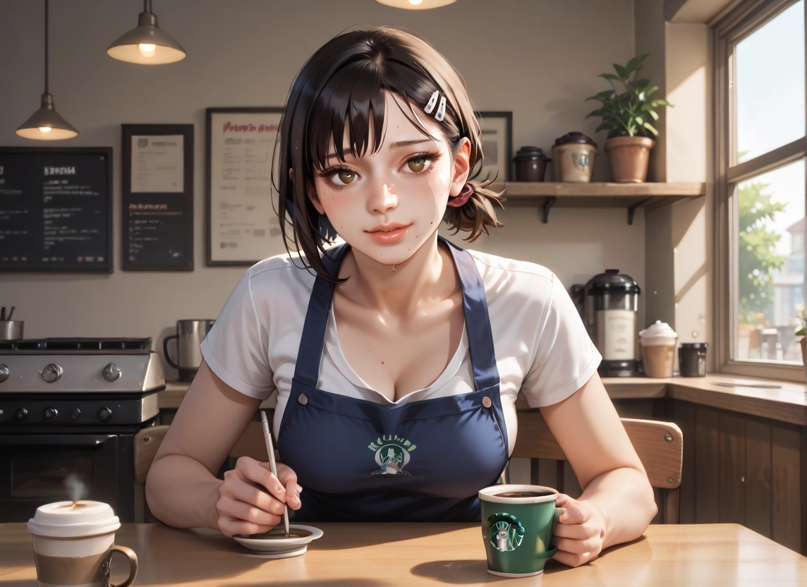 1girl, mole, higashiyama kobeni, hair ornament, breasts, cup · Yamete.gg