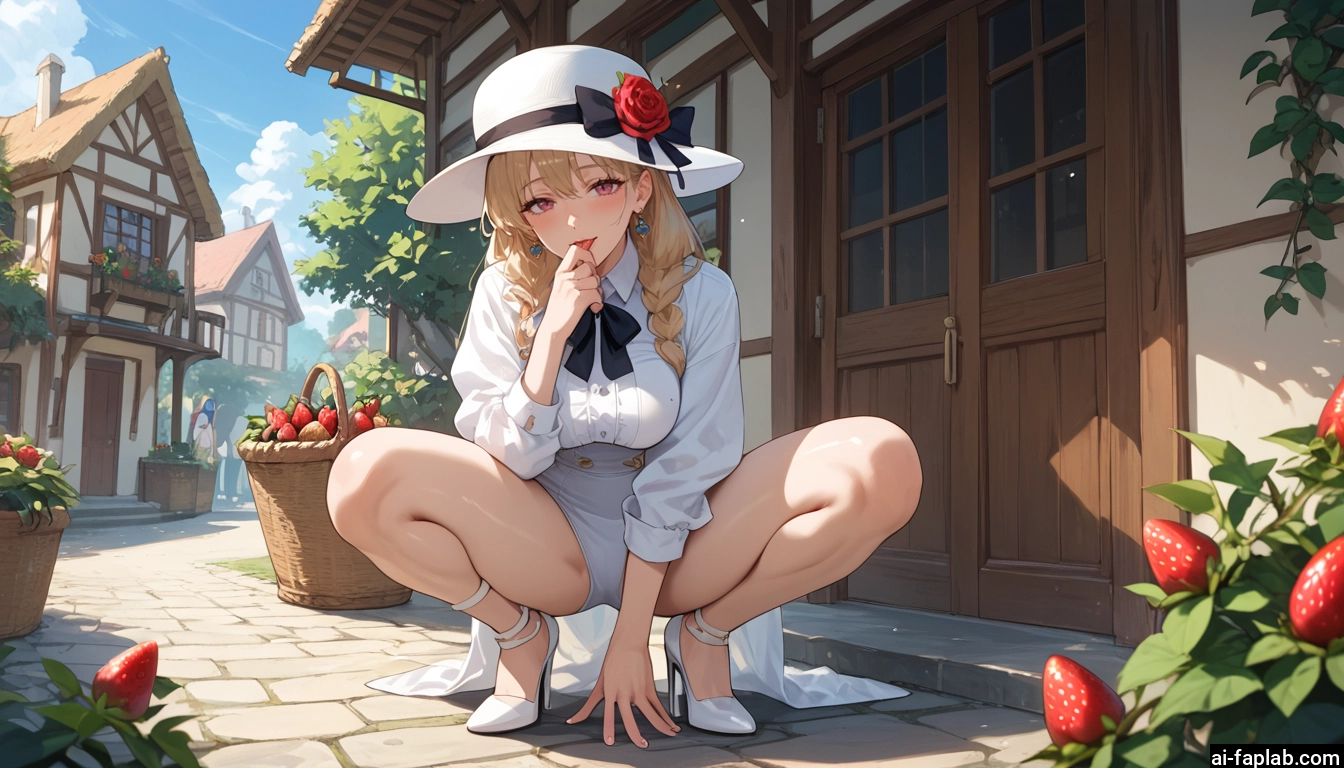hat, food, high heels, fruit, squatting, jewelry · Yamete.gg