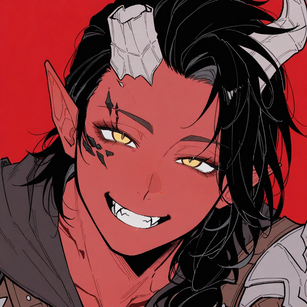 horns, smile, solo, pointy ears, black hair, yellow eyes · Yamete.gg