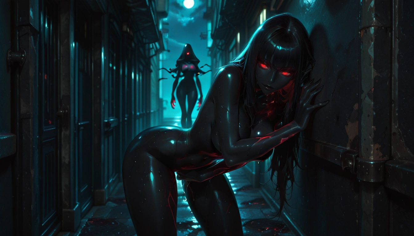 red eyes, long hair, breasts, night, glowing eyes, looking at viewer · Yamete.gg