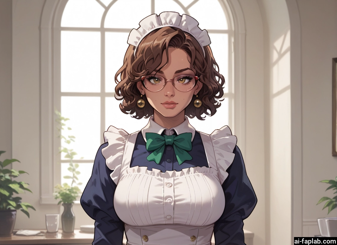 1girl, jewelry, solo, earrings, maid, brown hair · Yamete.gg