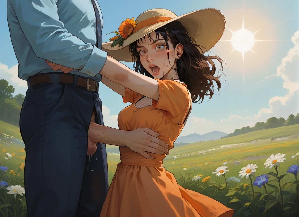 1girl, 1boy, outdoors, dress, flower, hat · Yamete.gg