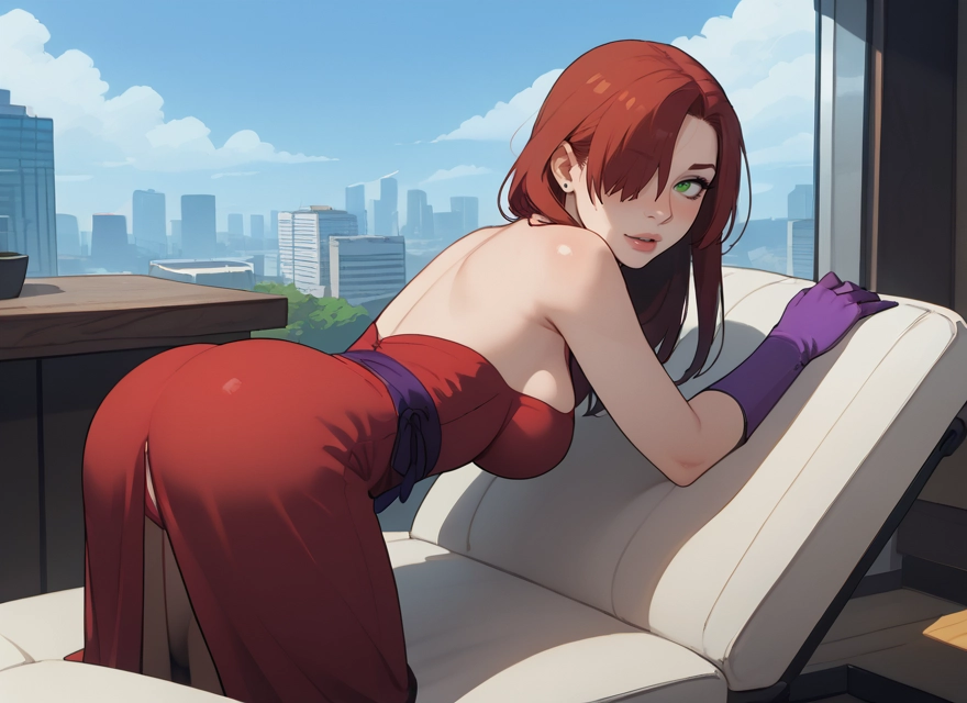 1girl, gloves, dress, breasts, ass, green eyes · Yamete.gg