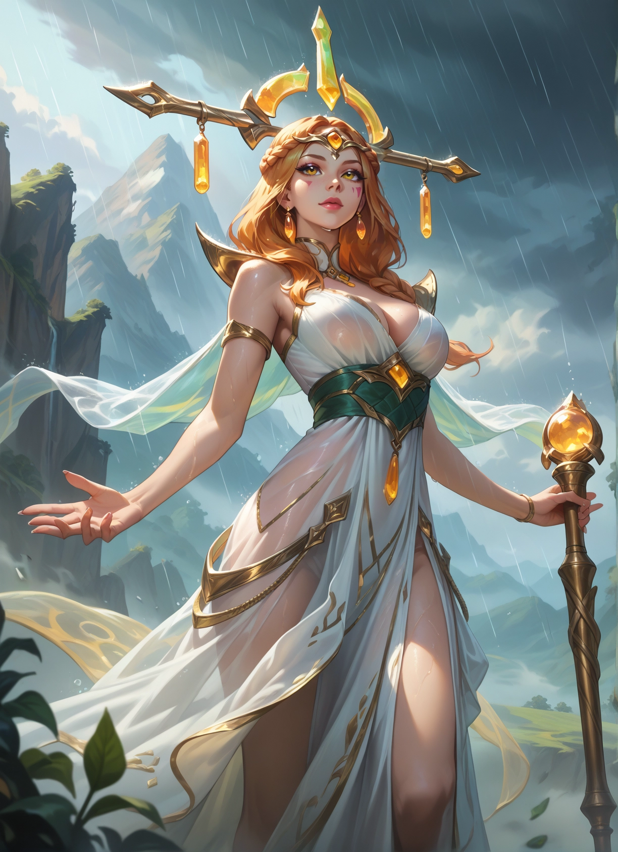 1girl, breasts, solo, jewelry, dress, staff · Yamete.gg