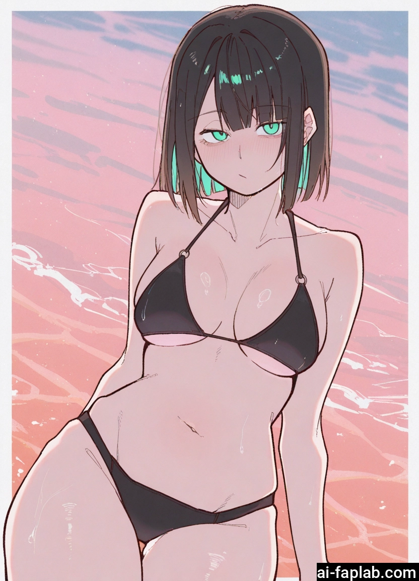 1girl, swimsuit, bikini, breasts, black bikini, solo