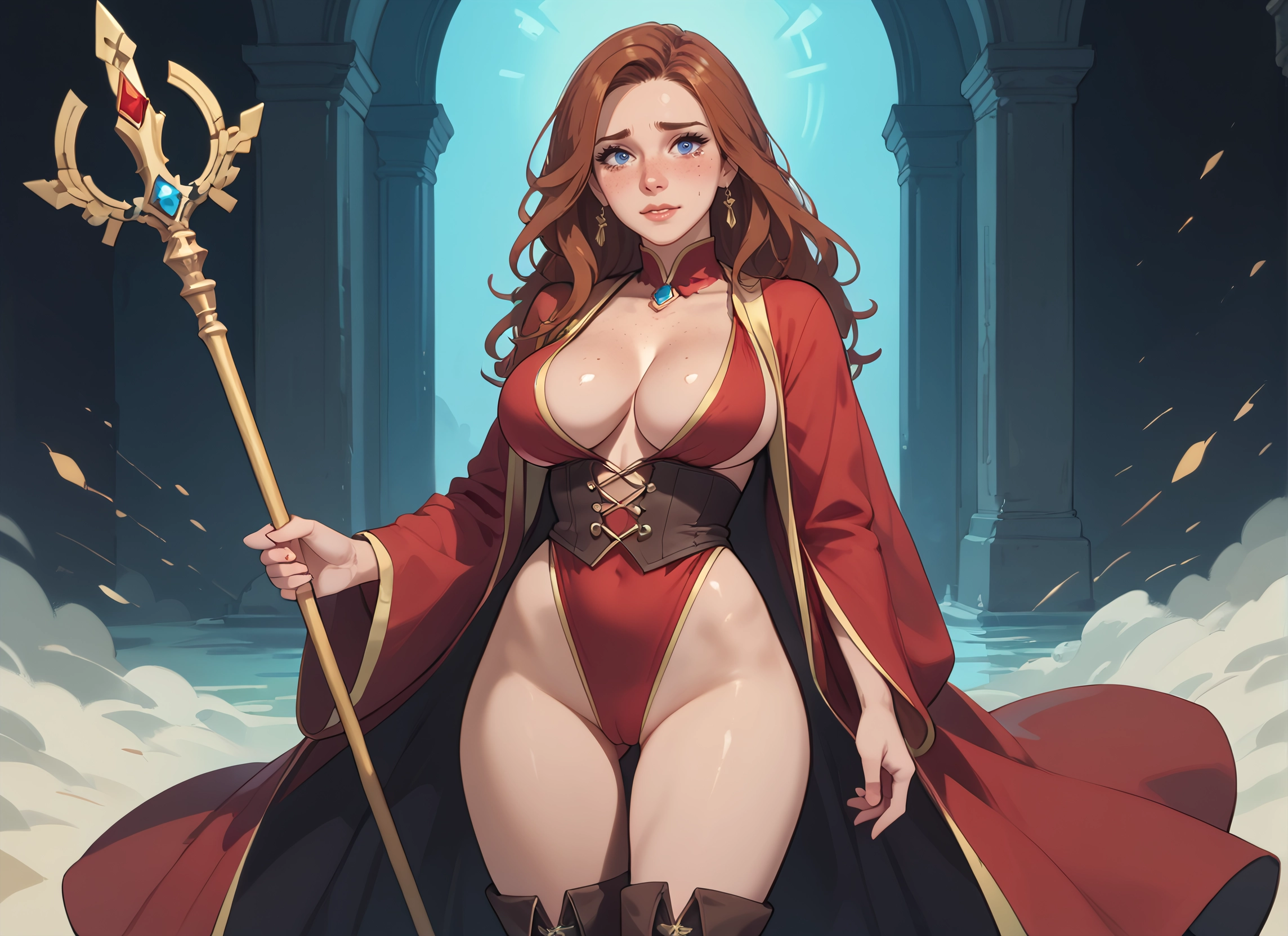 1girl, breasts, blue eyes, solo, jewelry, staff · Yamete.gg