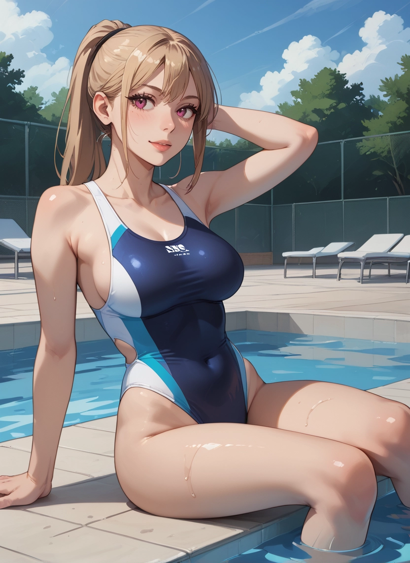 1girl, breasts, swimsuit, one-piece swimsuit, solo, sitting · Yamete.gg