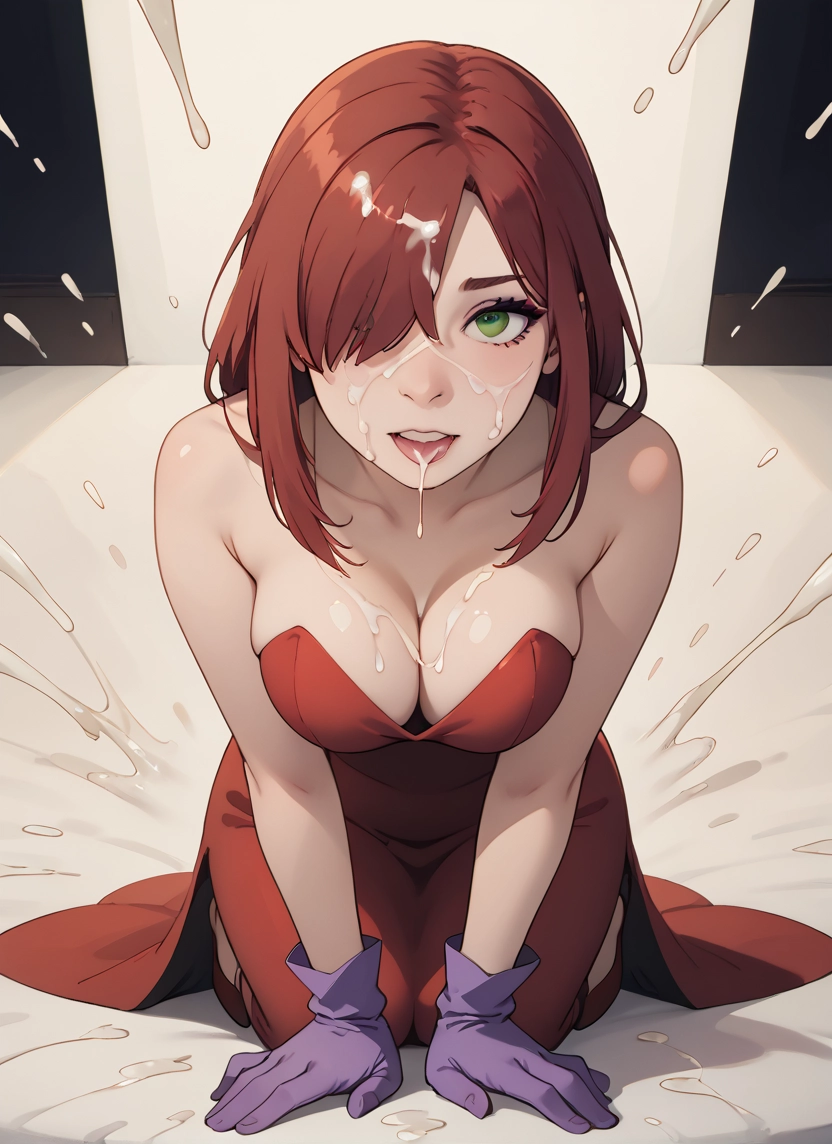 1girl, breasts, gloves, cum, green eyes, dress · Yamete.gg