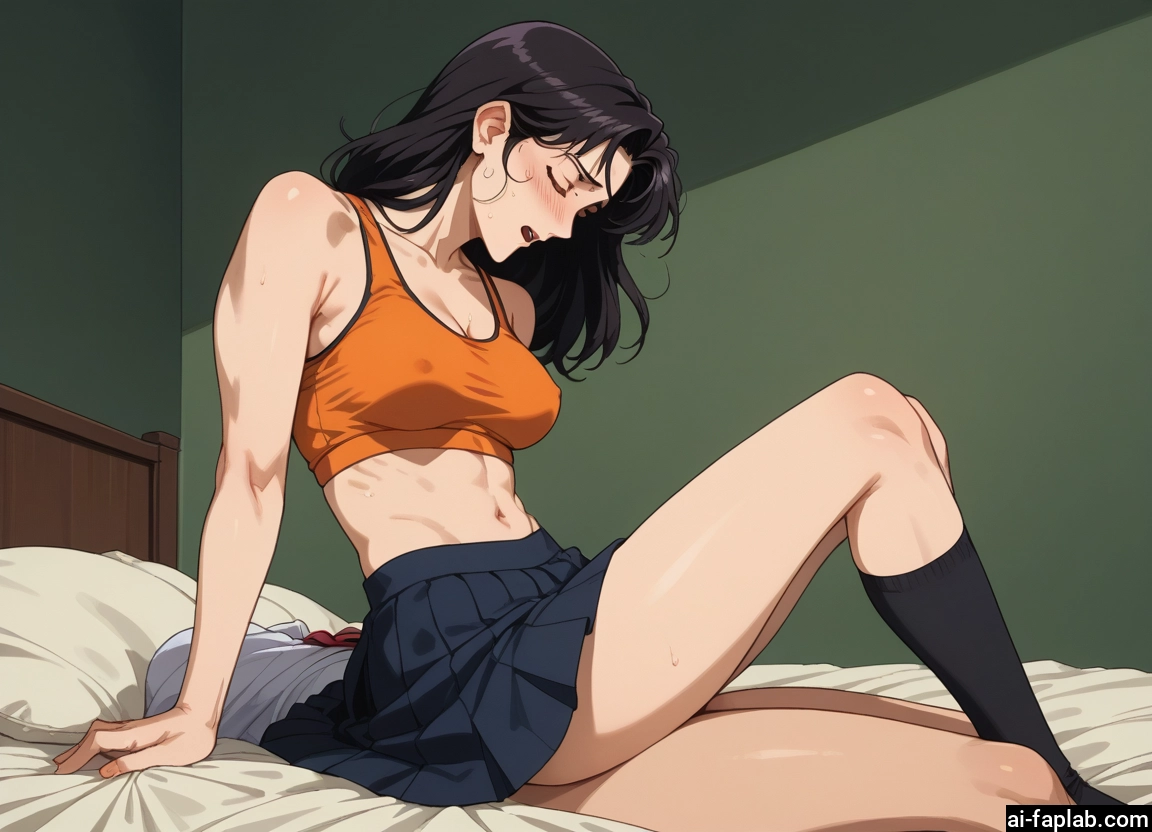 skirt, breasts, black hair, closed eyes, blush, navel