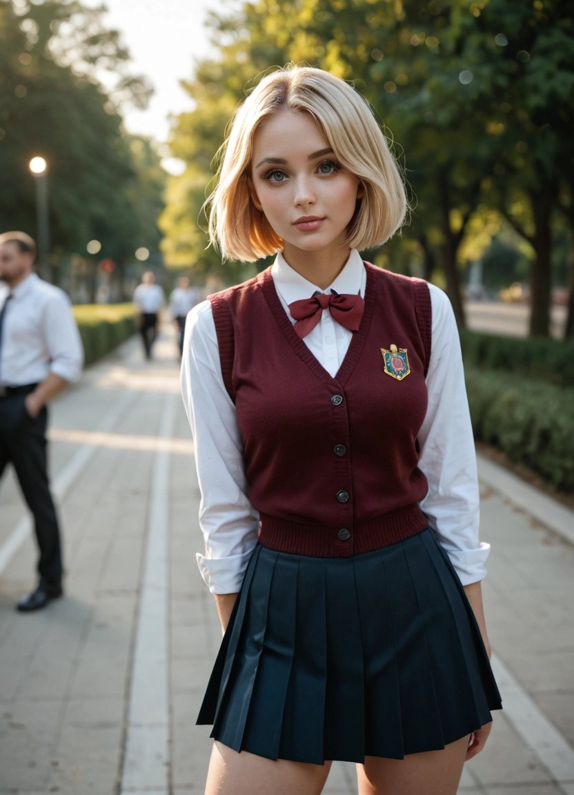 blonde hair, skirt, school uniform, short hair, blue eyes, vest · Yamete.gg