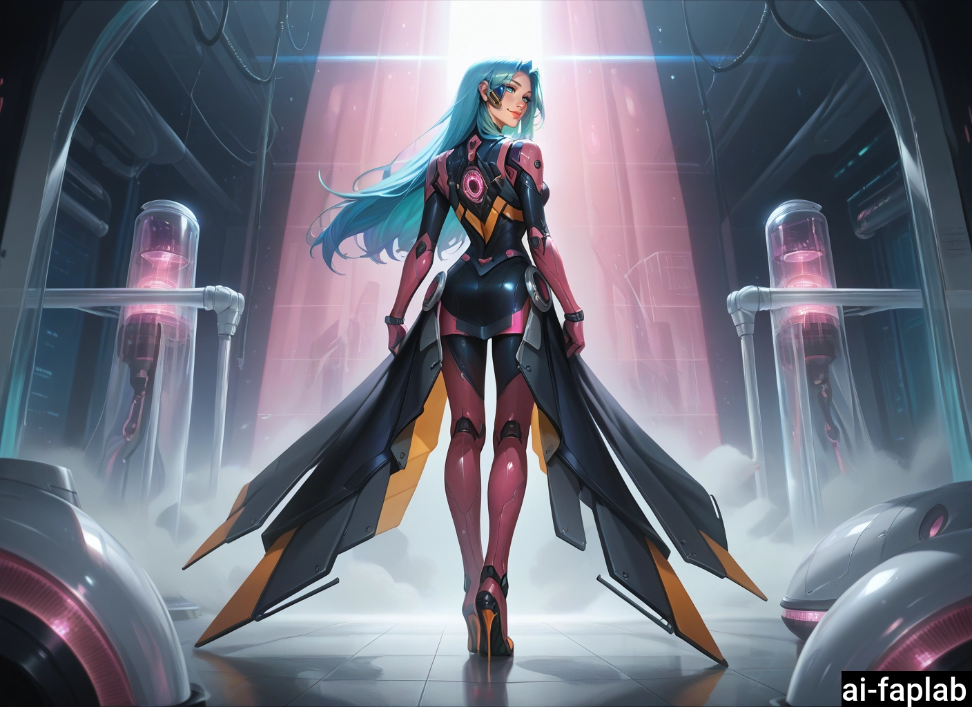 1girl, long hair, blue hair, solo, blue eyes, looking back