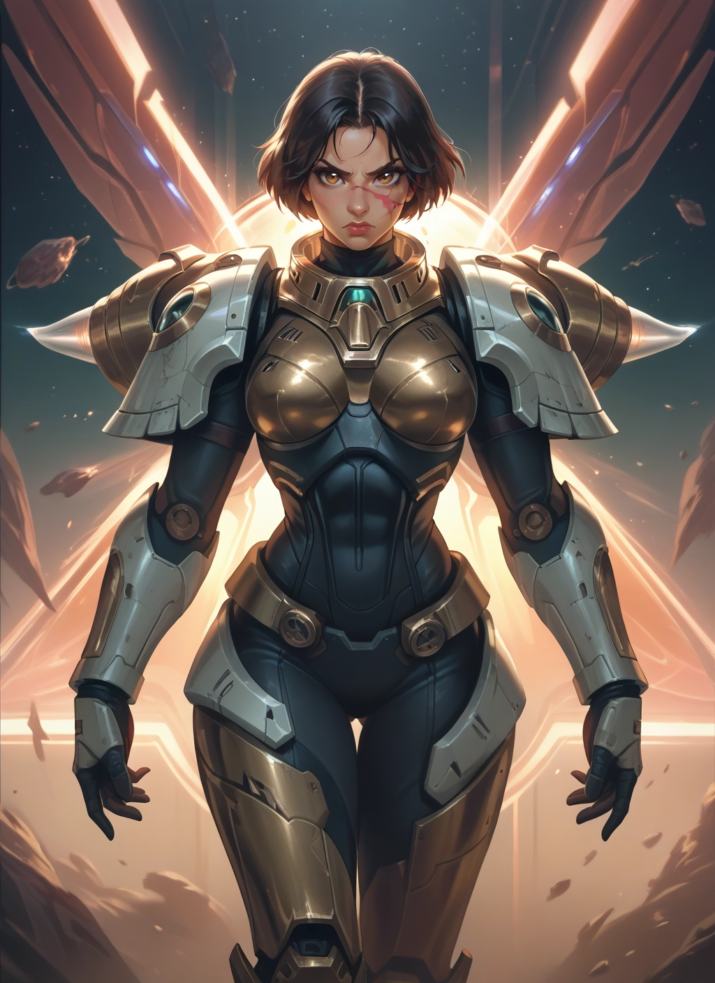 1girl, solo, short hair, armor, looking at viewer, scar