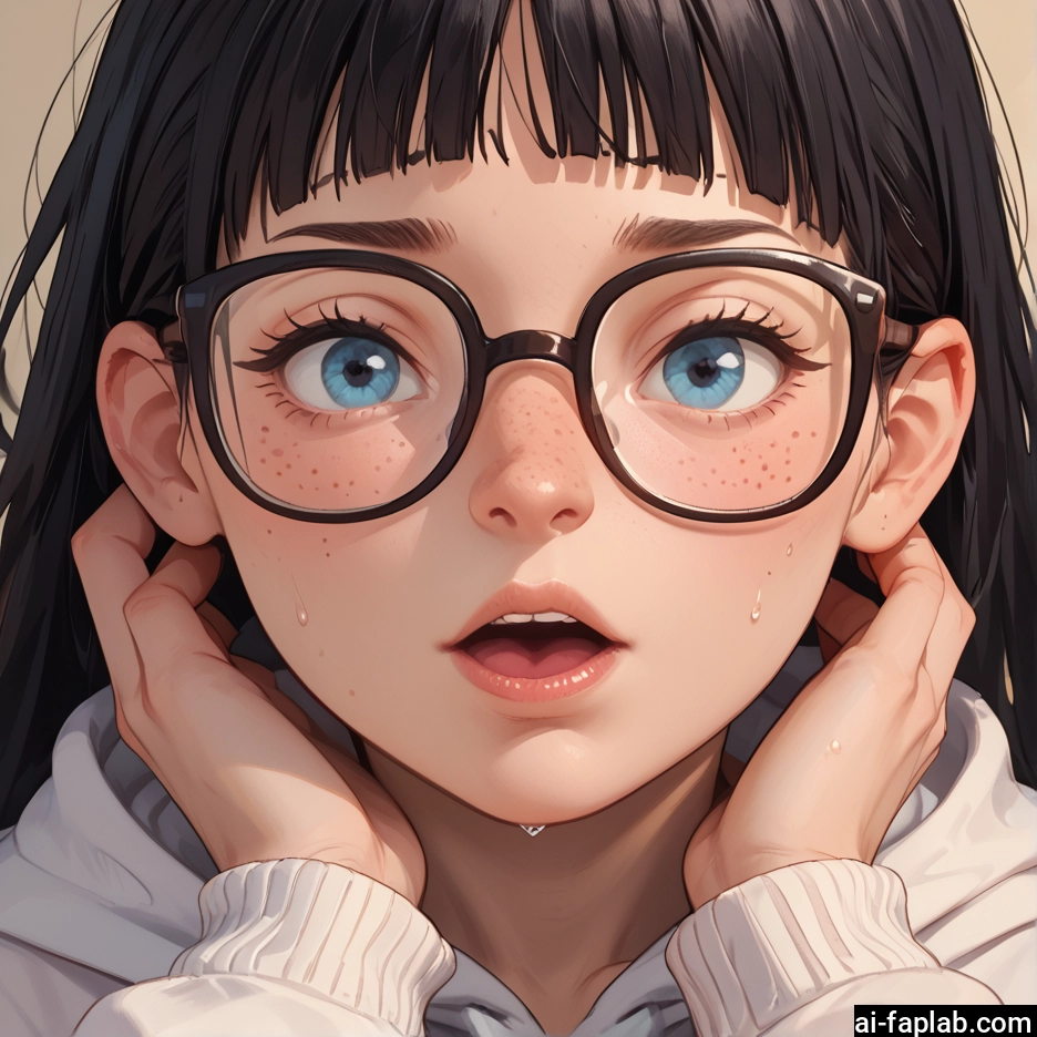 1girl, glasses, freckles, blue eyes, hood, black hair