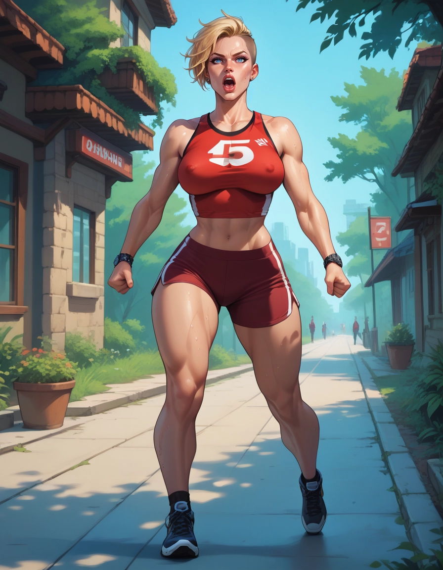 muscular female, 1girl, covered nipples, blonde hair, muscular, breasts · Yamete.gg