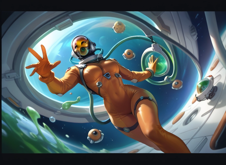 1girl, bodysuit, breasts, space, solo, planet