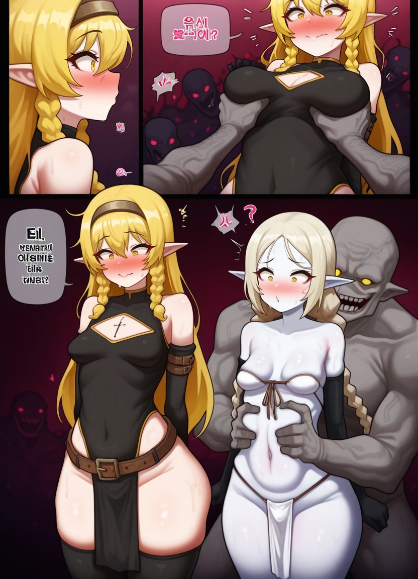 breasts, blonde hair, pointy ears, blush, elbow gloves, gloves